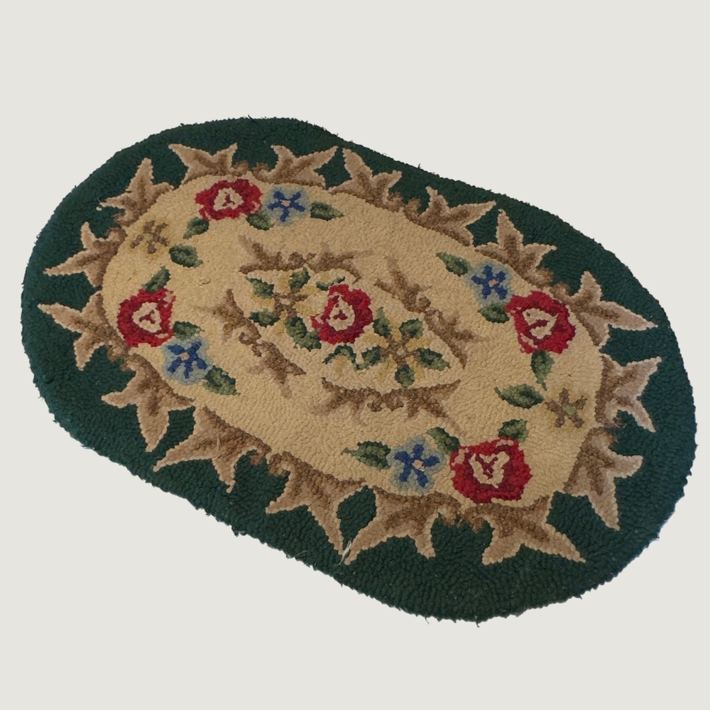 Hampton Hand Hooked Rug Green Floral Rose Oval Vintage 18x29 Cottagecore